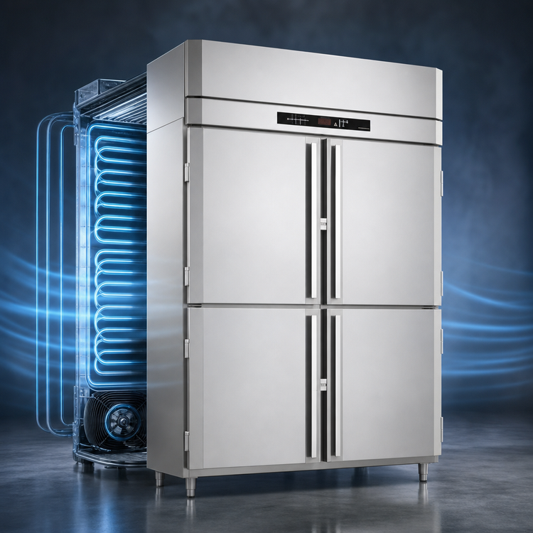 Product image #3 for Victory UltraSpec 2-Section Reach-In Freezer with 4 Half-Height Solid Hinged Doors, Self-Contained, Top-Mounted