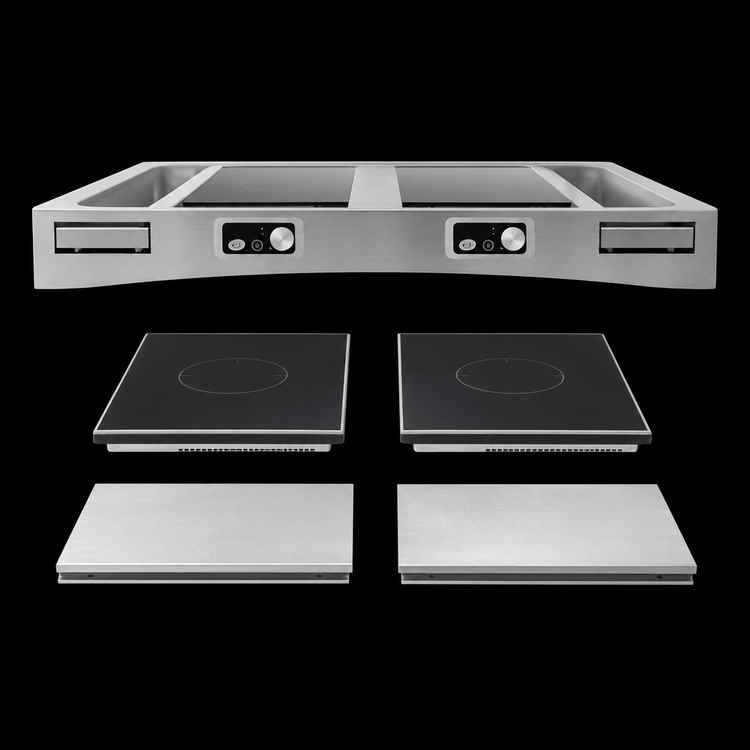 Product image #4 for TableCraft Double Induction Countertop Station Kit with 2 Drop-In Cooktops and Cooling Plates, Brushed Aluminum, 47-3/8 x 25-1/4 x 6 Inches