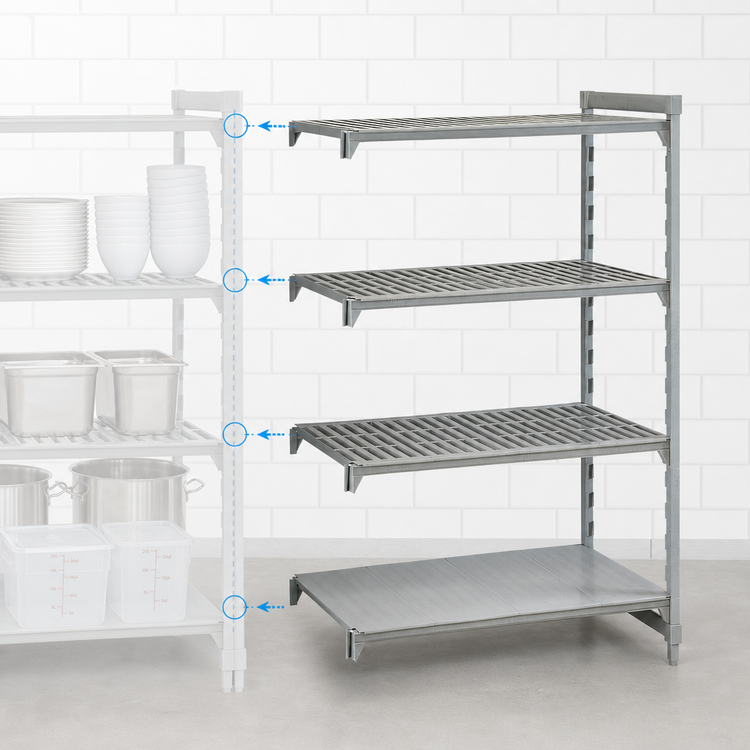 Product image #4 for Cambro Camshelving Premium 4-Tier Add-On Polymer Shelving Unit, 21" D x 60" W x 64" H, Vented and Solid, Speckled Gray