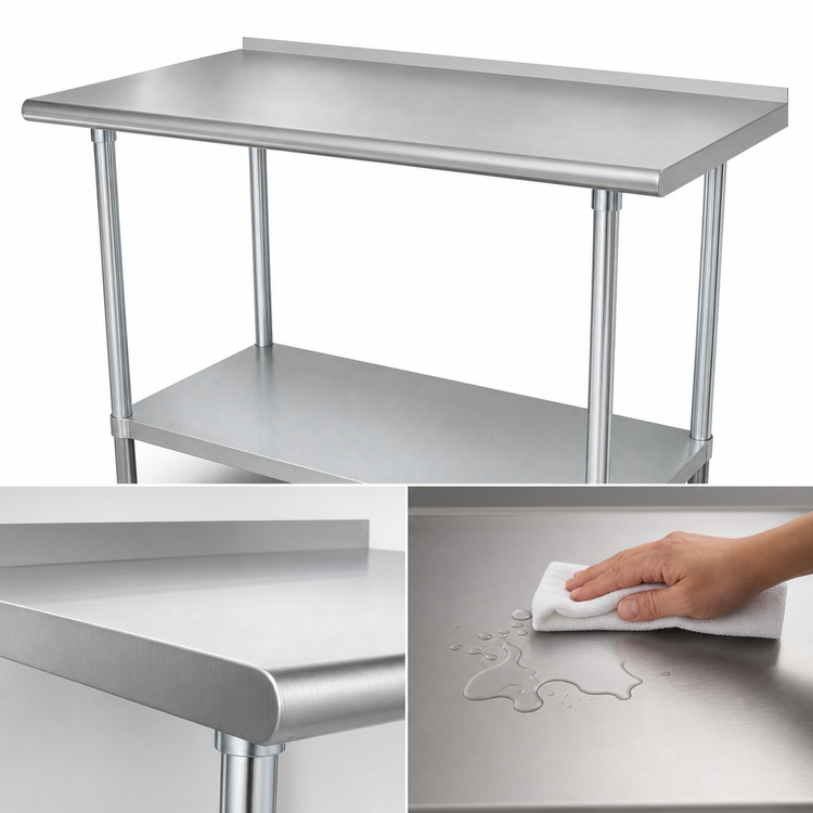 Product image #3 for Advance Tabco 84-Inch x 36-Inch 14-Gauge 304 Stainless Steel Work Table with Rear Upturn and Galvanized Undershelf