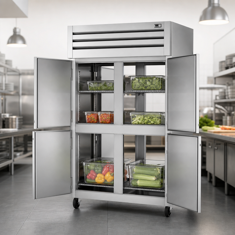 Product image #3 for True SPEC SERIES Two-Section Pass-Thru Reach-In Refrigerator with 4 Half Front and 2 Rear Solid Swing Doors, Stainless Steel, Top Mount
