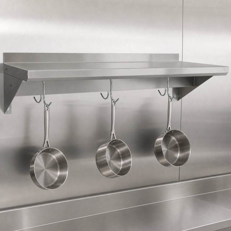 Product image #3 for BK Resources Premium T-304 Stainless Steel Wall-Mount Overshelf with Pot Rack, 72W x 12D