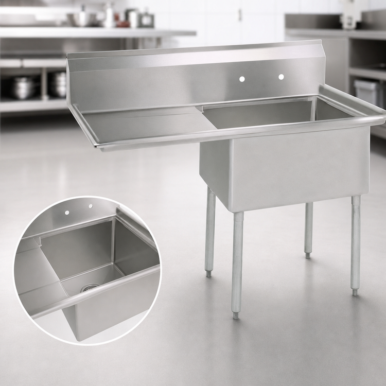 Product image #3 for BK Resources 1-Compartment Commercial Stainless Steel Sink with Left Drainboard and Legs, 24" x 24" x 14" Bowl, 9" Backsplash