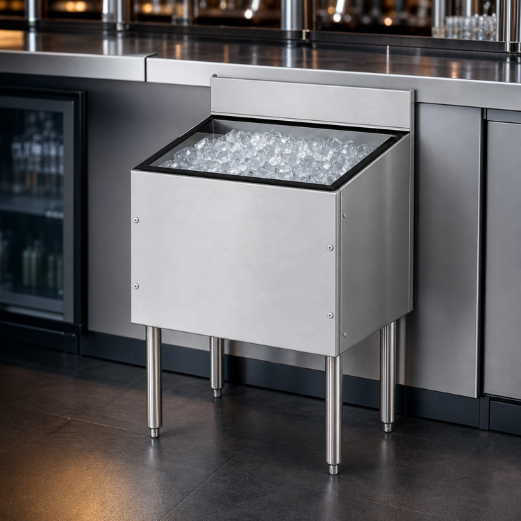 Product image #3 for Choice by Glastender 24-Inch Wide x 24-Inch Deep Underbar Ice Bin with Open-Channel Backsplash, 85 lb. Capacity