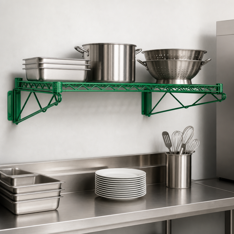 Product image #3 for Quantum Wall-Mount Cantilever Single Wire Shelf, 48 x 18 Inches, Green Epoxy Antimicrobial Finish