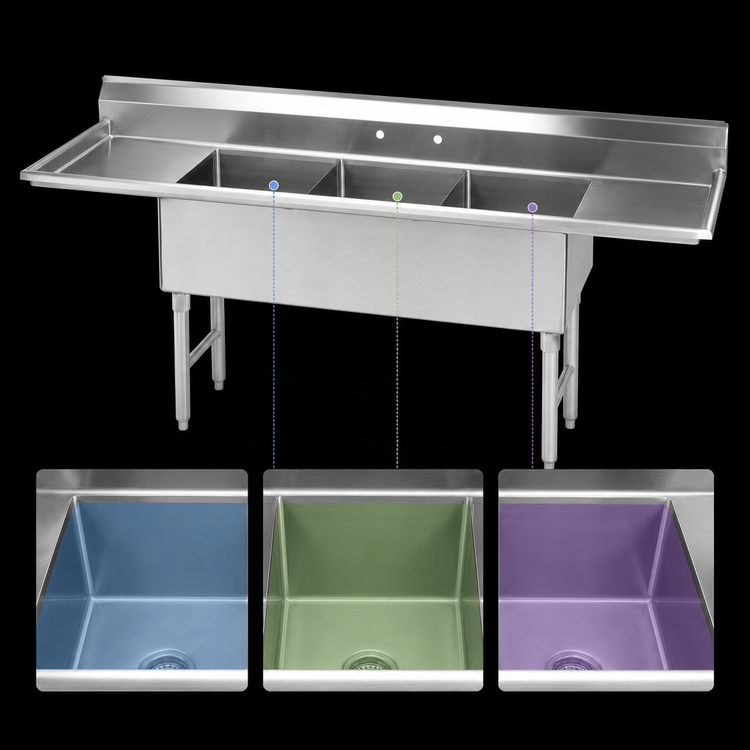 Product image #3 for Advance Tabco 3-Compartment Fabricated Sink with 24" Left and Right Drainboards, 16" x 20" x 14" Bowls, 304 Stainless Steel
