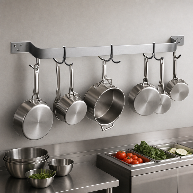 Product image #3 for Eagle Group 84-Inch Aluminum Wall-Mount Single-Bar Pot Rack with 7 Stainless Steel Double-Prong Hooks