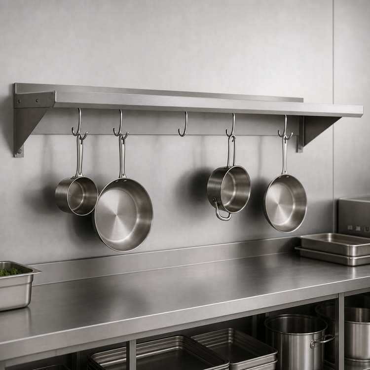 Product image #3 for Wall-Mount Stainless Steel Overshelf with Pot Rack, 96 Inch x 14 Inch