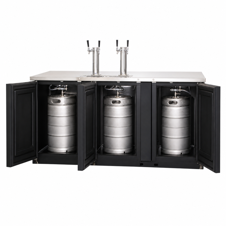 Product image #3 for Everest Refrigeration EBD4-24 Three-Section Direct Draw Keg Refrigerator with 2 Draft Towers, 89-1/4 Inch Wide, 28 Cu. Ft., Black Vinyl Exterior