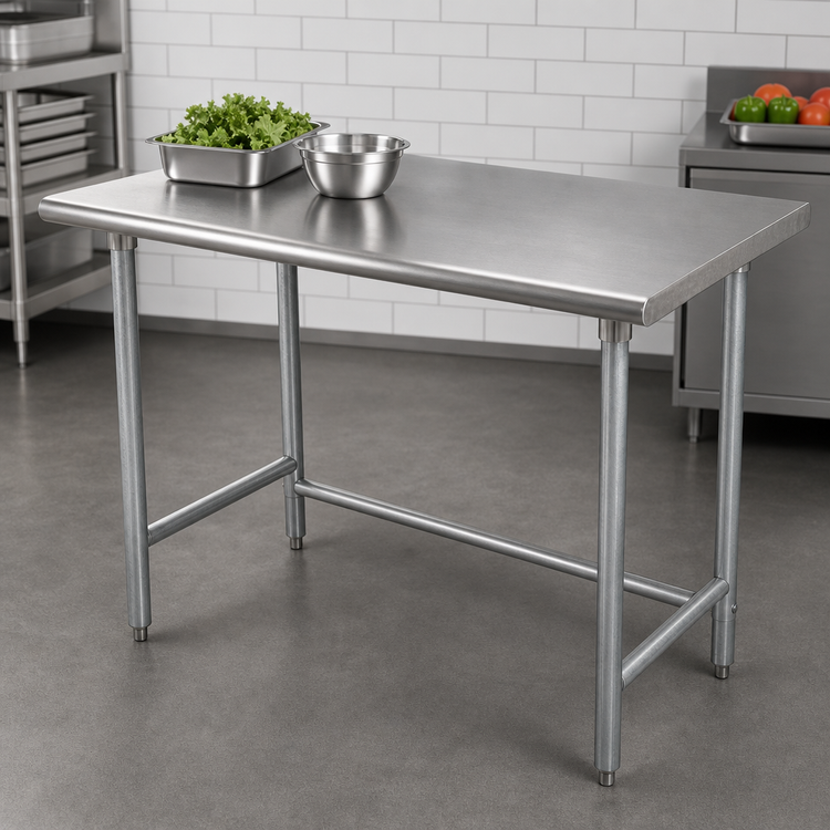 Product image #3 for Advance Tabco 60-Inch x 30-Inch Flat Top Open Base Work Table with 16 Gauge 430 Stainless Steel Top and Galvanized Legs