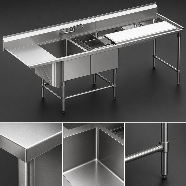 Product image #3 for Spec-Master FNP2840-2-24L-48TR Two-Compartment Stainless Steel Prep Sink with Left Drainboard and Prep Area
