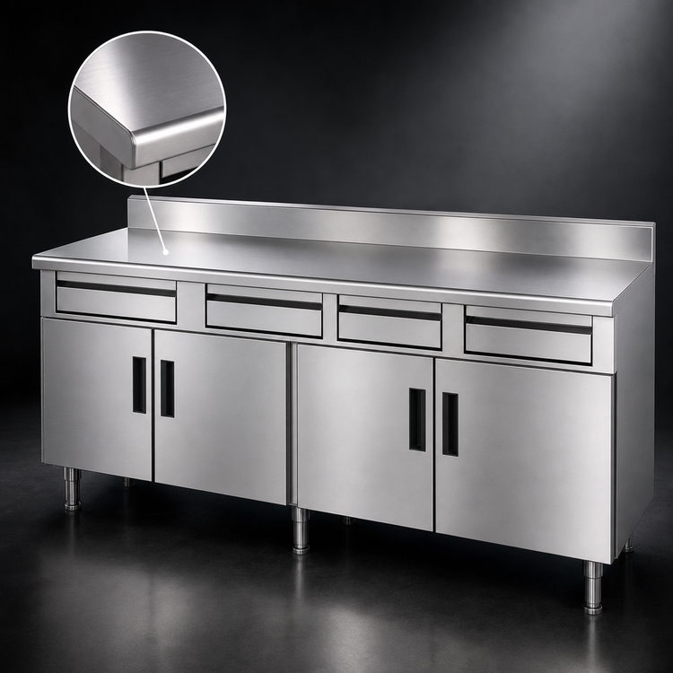 Product image #3 for Advance Tabco HDRC-3010 Stainless Steel Enclosed Work Table Storage Cabinet with 4 Drawers, 4-Door Base, 120W x 30D, 14-Gauge 304 Top, 5-Inch Backsplash