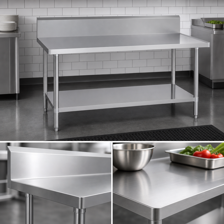 Product image #3 for Duke 48-Inch x 36-Inch 14 Gauge 300 Series Stainless Steel Work Table with 10-Inch Riser, Marine Edge, and Undershelf