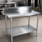 Thumbnail image #3 for BK Resources VTTR5-7230 72 x 30 Inch Stainless Steel Work Table, 18 Gauge 430 Top, 5 Inch Backsplash, Adjustable Galvanized Undershelf