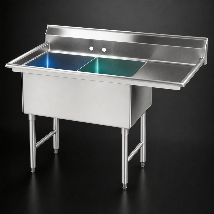 Product image #3 for Advance Tabco 2-Compartment Fabricated Sink with Right Drainboard, 18 x 24 x 14-Inch Bowls, 16-Gauge 304 Stainless Steel