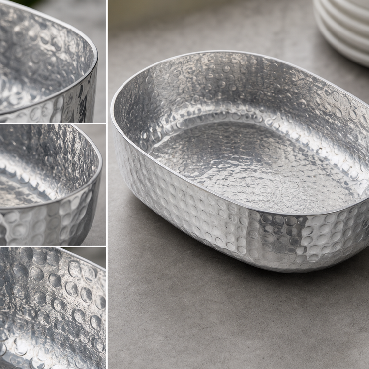Product image #3 for American Metalcraft 48 oz. Oval Hammered Aluminum Entrée Basket, Silver