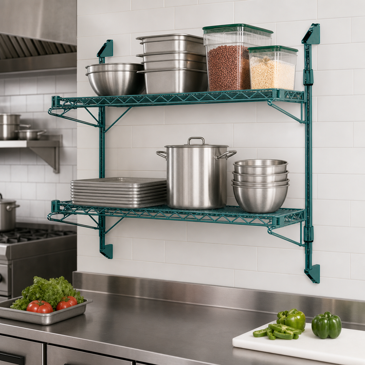 Product image #3 for Quantum Wall-Mount Cantilever Double Shelf Wire Shelving Unit, 60 x 24 x 34 Inches, Green Epoxy