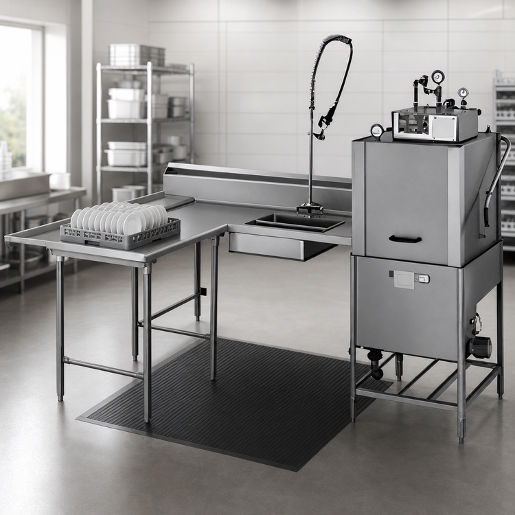 Product image #3 for Eagle Group Island Soiled Dishtable with Dish Landing Shelf and Pre-Rinse Sink, 84 Inches x 60 Inches, Left-To-Right, 16 Gauge 304 Stainless Steel