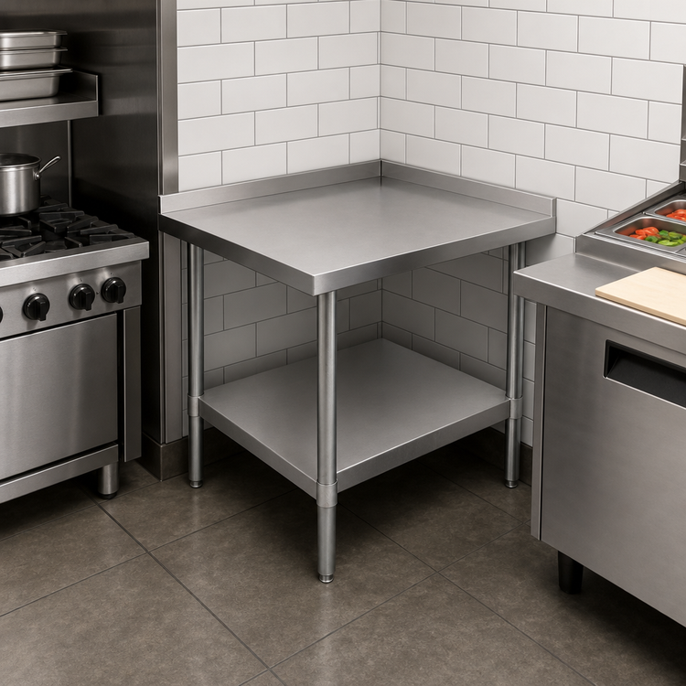 Product image #3 for John Boos Stallion 30-Inch x 30-Inch Corner Stainless Steel Work Table with 1-1/2-Inch Backsplash and Adjustable Undershelf