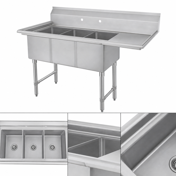 Product image #3 for Heavy-Duty Three-Compartment Stainless Steel Convenience/Deli Sink with Right Drainboard, 44.5 x 19.5 x 41 Inches