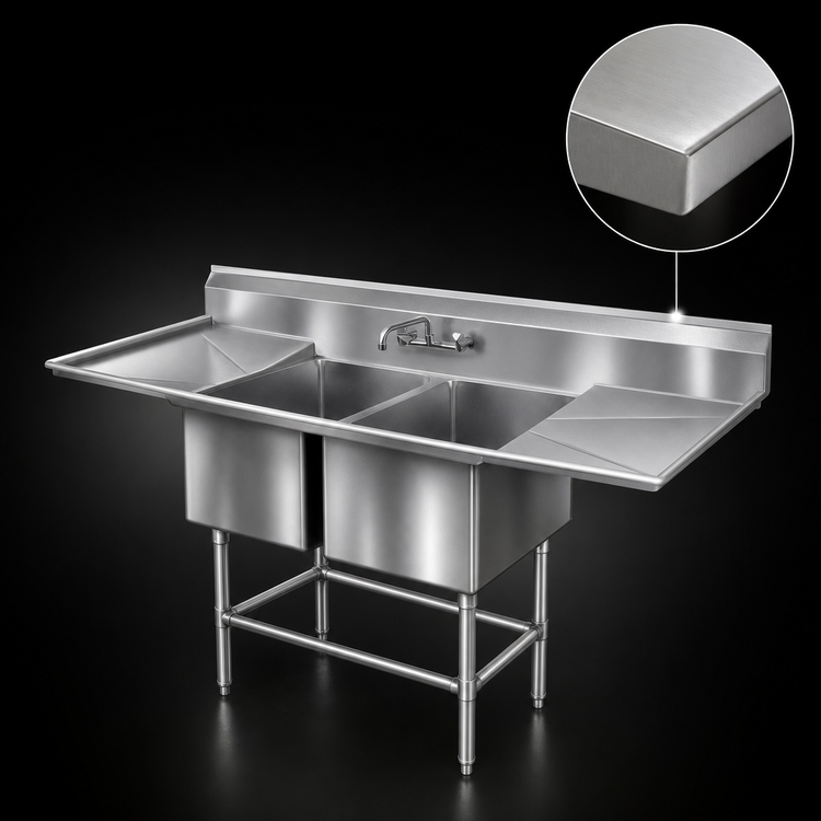Product image #3 for Eagle Group Spec-Master FN Series Coved Corner Two-Compartment Stainless Steel Sink with 18-Inch Right Drainboard, 63-1/2 Inch Wide