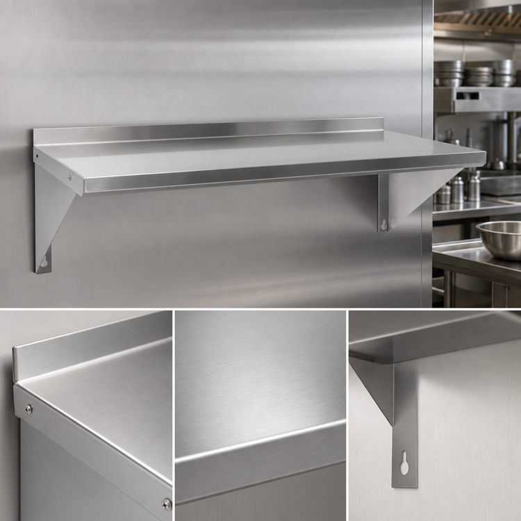 Product image #3 for BK Resources 60-Inch x 14-Inch Wall-Mount 16 Gauge 304 Stainless Steel Shelf with 1-1/2-Inch Rear Turn-Up