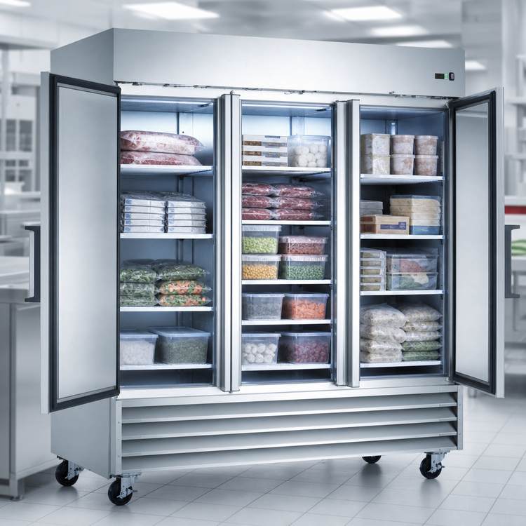 Product image #3 for Omcan 72 Cu. Ft. Three-Section Reach-In Freezer with Bottom-Mount Self-Contained Refrigeration