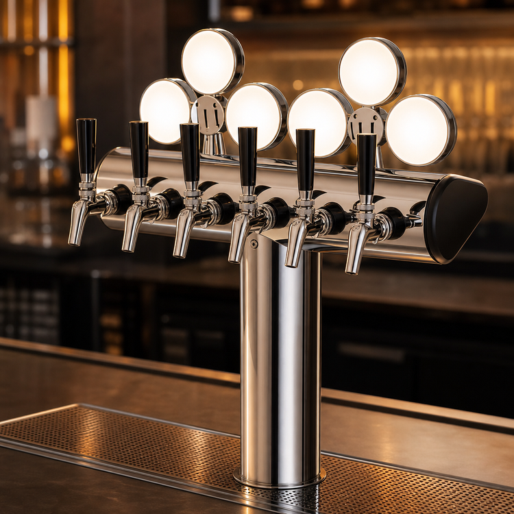 Product image #3 for Perlick Illuminated Winged Tee Countertop Glycol-Cooled 8-Faucet Draft Tower