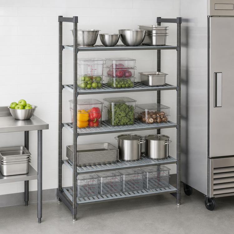 Product image #3 for Cambro Camshelving Basics Plus 5-Tier Stationary Starter Unit, 60" W x 24" D x 64" H, Louvered Polymer Shelving, Brushed Graphite