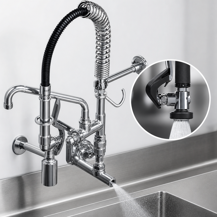 Product image #3 for T&S Brass Mini Pre-Rinse Wall-Mount Mixing Faucet with 8-Inch Swing Nozzle and Low-Flow Spray Valve