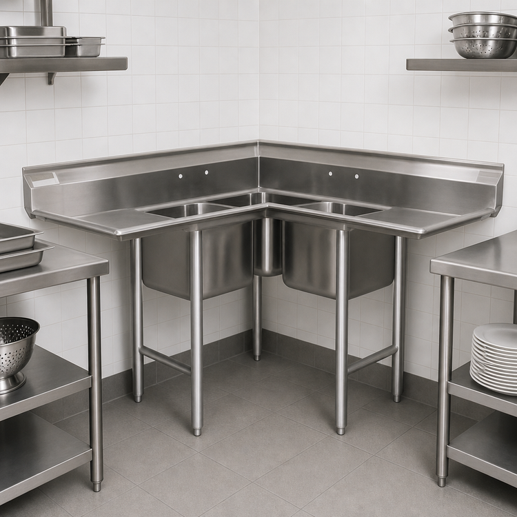 Product image #3 for Eagle Group 314 Series Corner 3-Compartment Stainless Steel Sink with Dual Drainboards