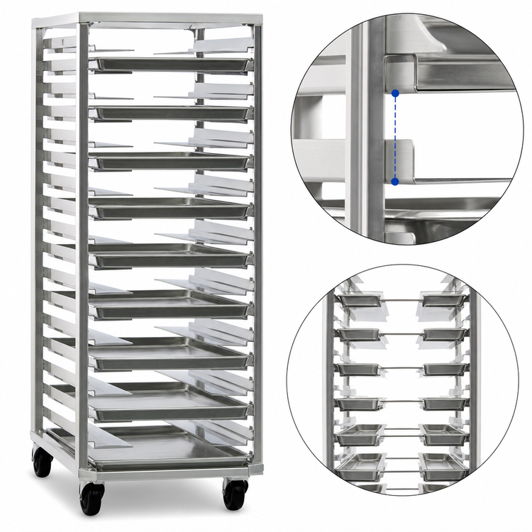 Product image #3 for Universal Mobile End-Loading Stepped-Angle Pan Rack, 18 Pair, 3-Inch Centers