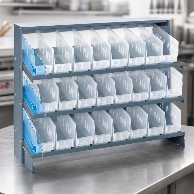 Product image #3 for Quantum Sloped Bench-Style Pick Rack with 3 Shelves, 24 Clear Bins, 250 lb Capacity