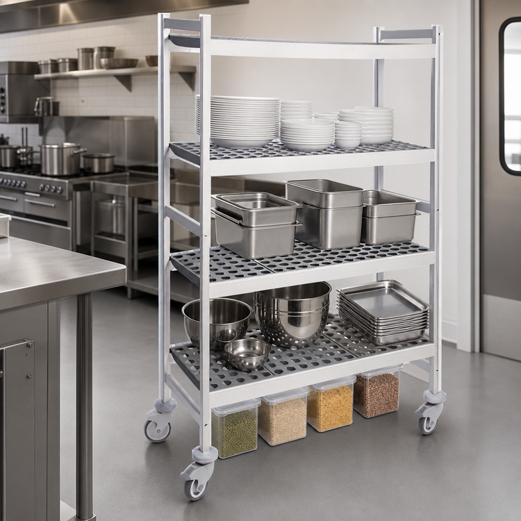 Product image #3 for Fermostock 4-Tier Mobile Polymer Shelving Unit with Removable Inserts, 71" H x 42" W x 22" D