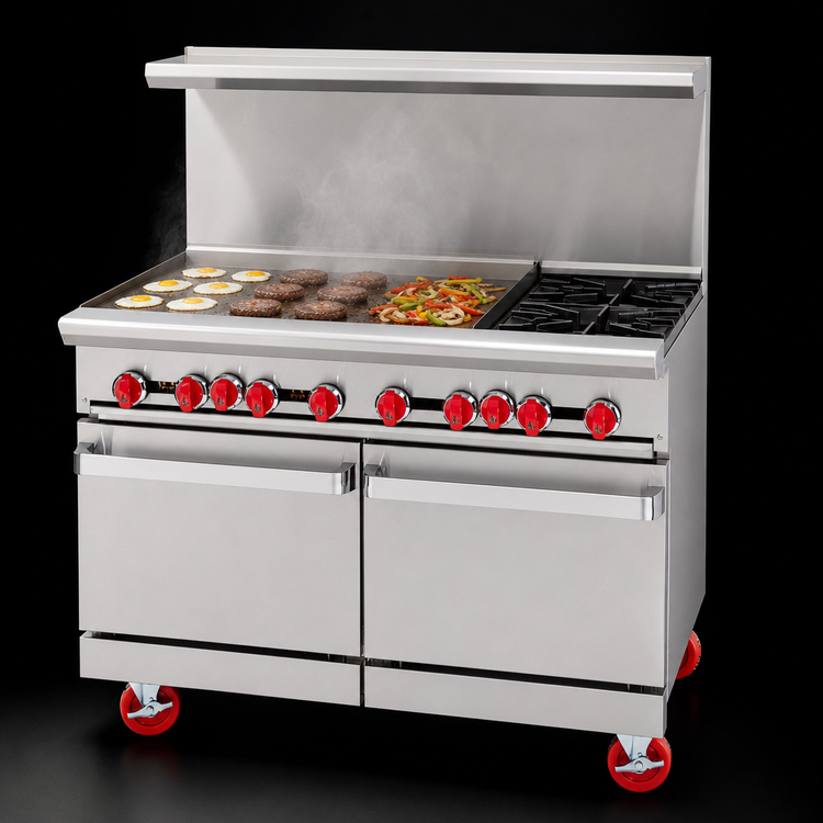 Product image #3 for American Range 48-Inch Commercial Gas Range with 48-Inch Griddle, 1-Inch Plate, 2 Storage Bases, and Back Riser Shelf