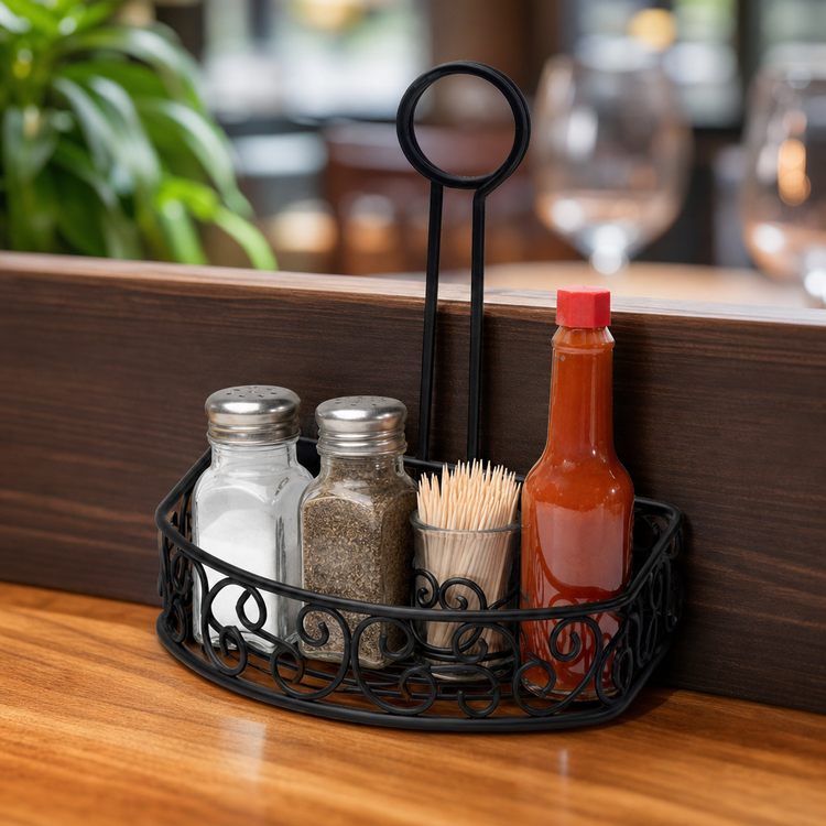 Product image #3 for Ironworks Semi-Round Black Wrought Iron Tabletop Condiment Caddy with Flat Back and Menu Clips