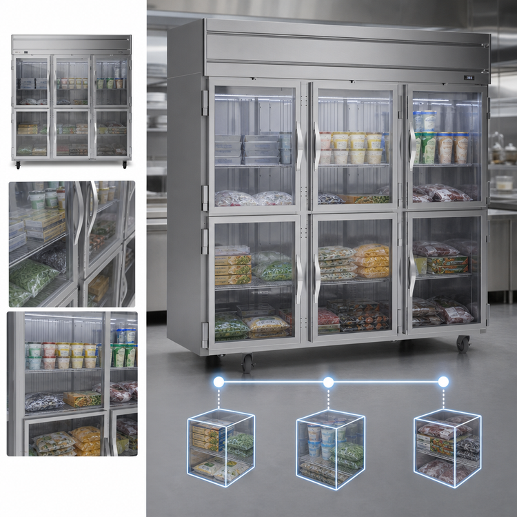 Product image #3 for Beverage-Air Horizon Series Three-Section Half-Glass Reach-In Freezer, 69.1 Cu. Ft., Top-Mounted Self-Contained