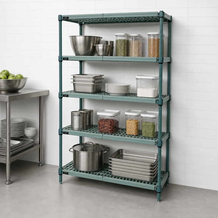 Product image #3 for Quantum Stationary Wire Plastic Mat Shelving Unit, 4-Tier, 24 W x 14 D x 63 H, Green Epoxy Coated