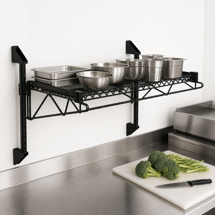 Product image #3 for Quantum Wall-Mount Cantilever Wire Shelving Unit, Single Shelf, 54 x 21 Inches, Black Epoxy Antimicrobial Finish