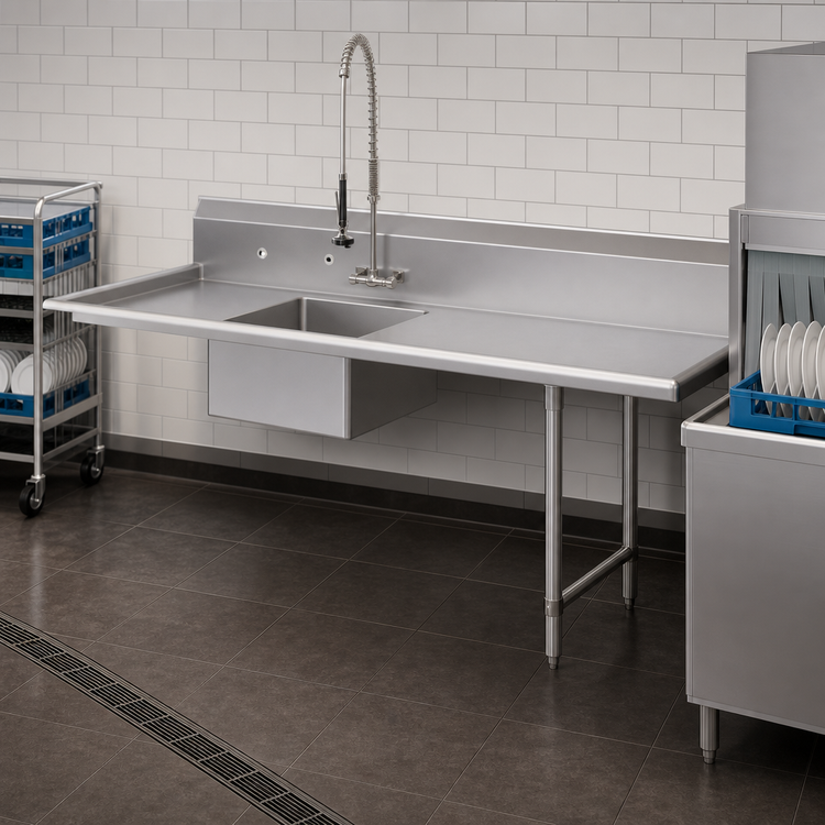 Product image #3 for John Boos Pro-Bowl Straight Stainless Steel Soiled Dishtable with Pre-Rinse Sink Bowl, 120" x 30", Right-to-Left Operation