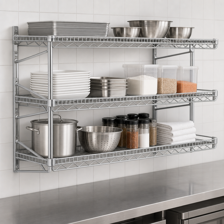 Product image #3 for Eagle Group QuadTruss 3-Tier Piggyback Wall-Mounted Wire Shelf Kit, 60 x 18 Inches, Chrome
