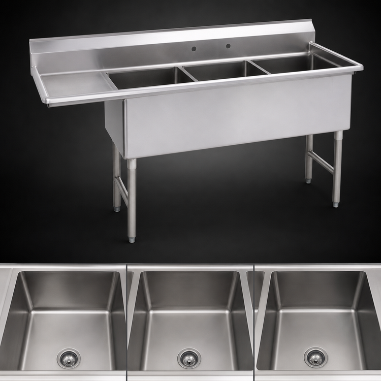 Product image #3 for Advance Tabco Fabricated 3-Compartment Sink with 24-Inch Left Drainboard, 24 x 30 x 14 Inch Bowls
