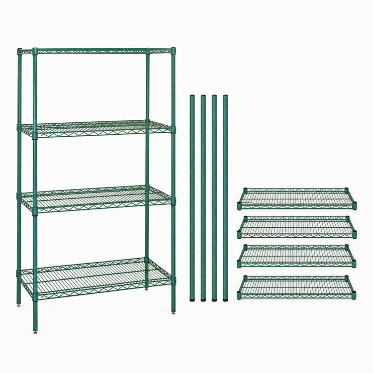 Product image #3 for Quantum Stationary Wire Shelving Starter Kit, 48-Inch W x 12-Inch D x 74-Inch H, 4 Shelves, Green Epoxy Antimicrobial Finish