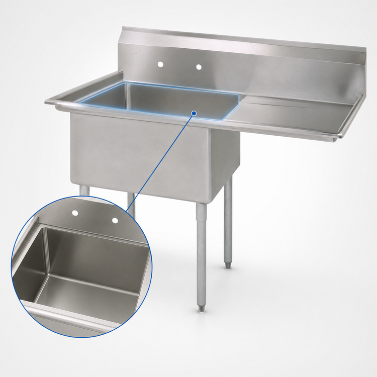 Product image #3 for BK Resources 1-Compartment Stainless Steel Sink with Right Drainboard and 9-Inch Backsplash