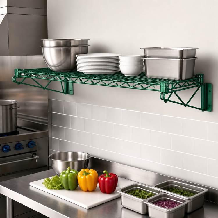 Product image #3 for Quantum Wall-Mount Cantilever Wire Shelf Kit, 48 x 24 Inches, Green Epoxy Antimicrobial