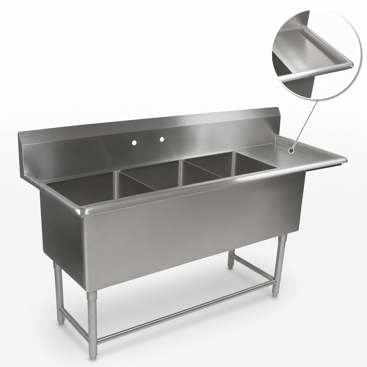 Product image #3 for John Boos Pro-Bowl 3-Compartment Sink with 24-Inch Right Drainboard and Stainless Steel Legs