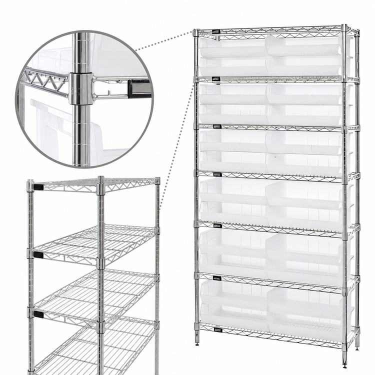 Product image #3 for Quantum Chrome Plated Stationary Wire Shelving Unit with 6 Shelves and 10 Clear Bins