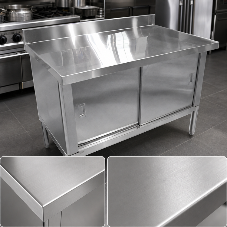Product image #3 for Omcan 60-Inch x 30-Inch 430 Stainless Steel Enclosed Work Table with Cabinet Base, Sliding Doors, and 4-Inch Backsplash