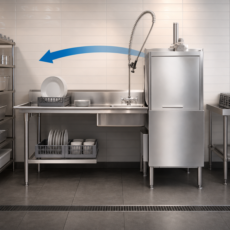 Product image #3 for Straight Soiled Dishtable with 20 x 20 x 5 Inch Pre-Rinse Sink, 16-Gauge 304 Stainless Steel, Right-to-Left, 60 x 30 Inches