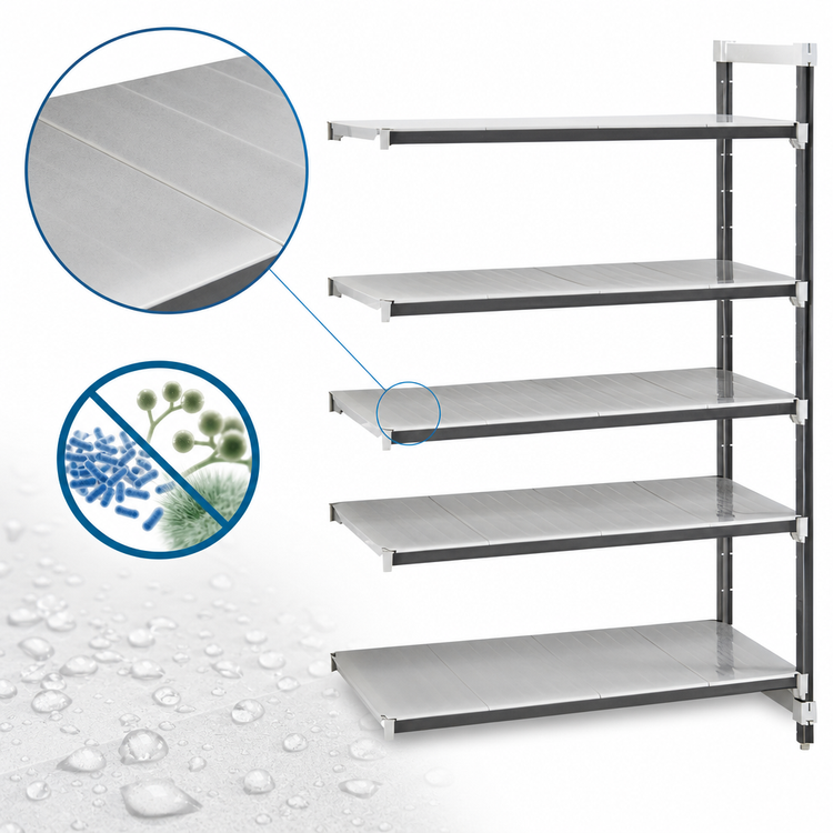 Product image #3 for Cambro Camshelving Elements XTRA 5-Tier Solid Stationary Add-On Polymer Shelving Unit, 18 x 48 x 84 Inches, Speckled Gray